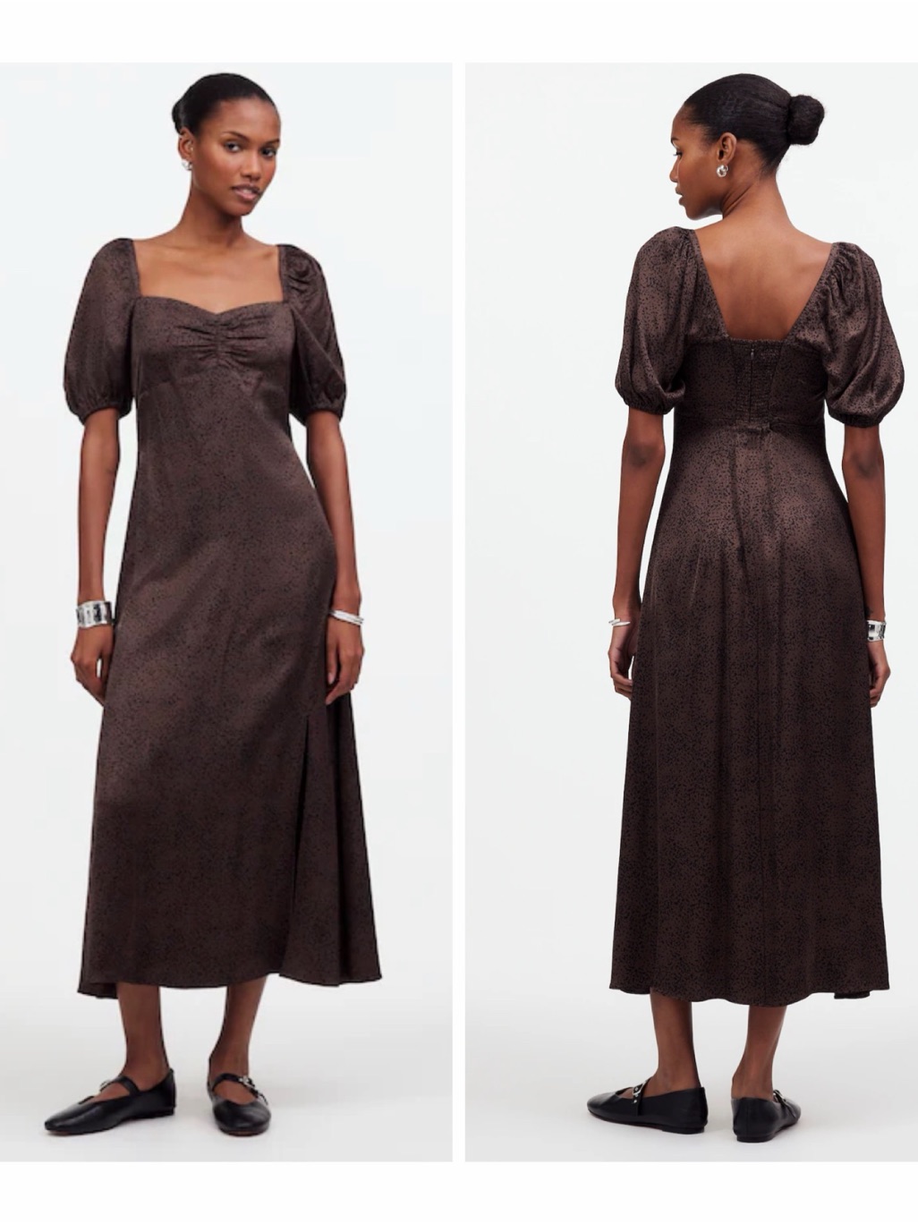 Madewell Dark Cottagecore Brown Puff-Sleeve Midi Dress Size 6 Milkmaid Silky